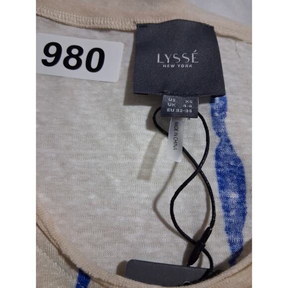 LYSSÉ New York Women's Oversized XS Paint Striped Linen Crew Quiet Luxury Top - Picture 9 of 10